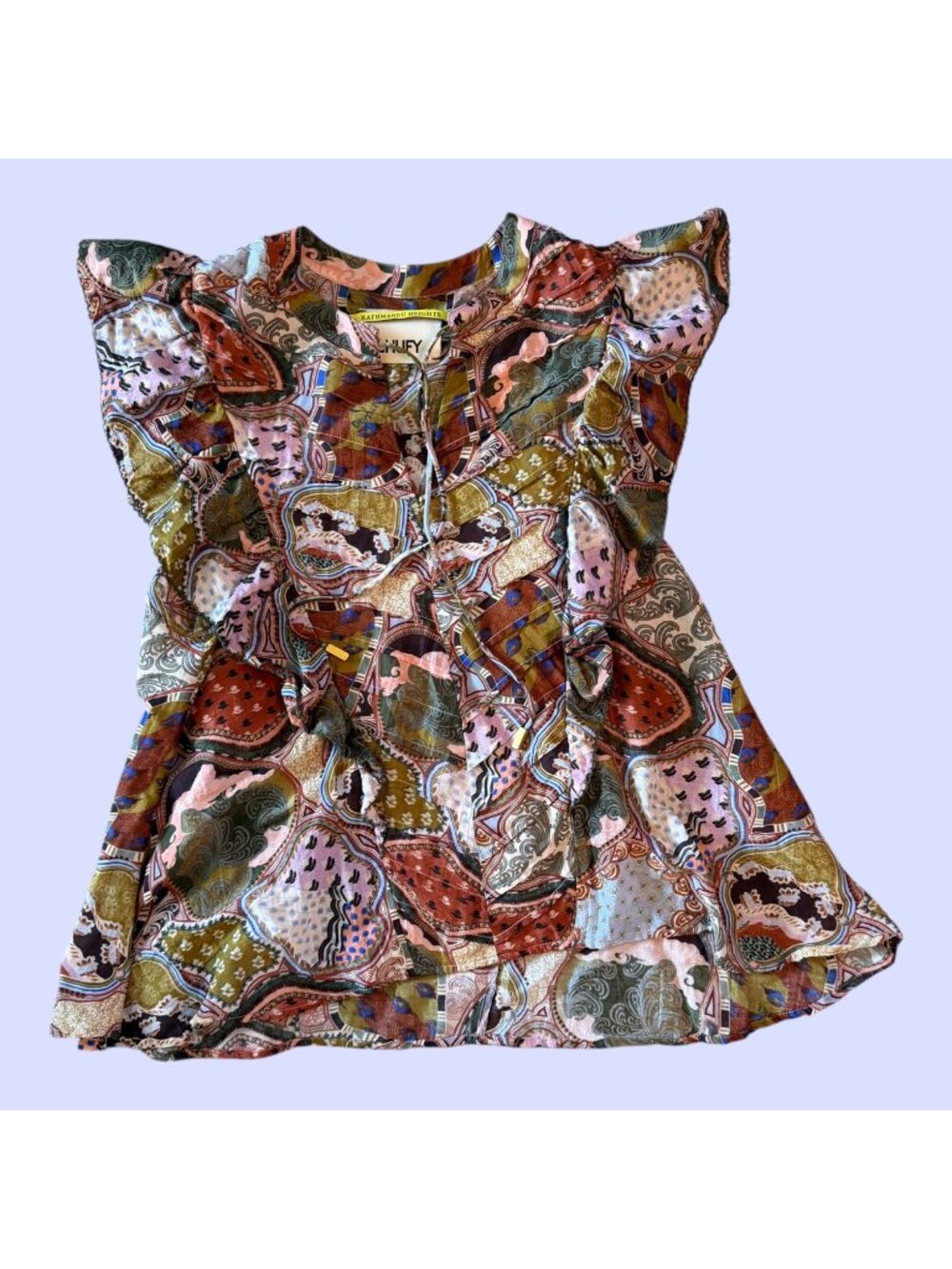 Chufy Dekker Flutter Sleeve Tie Neck Whimsical Romantic Top M